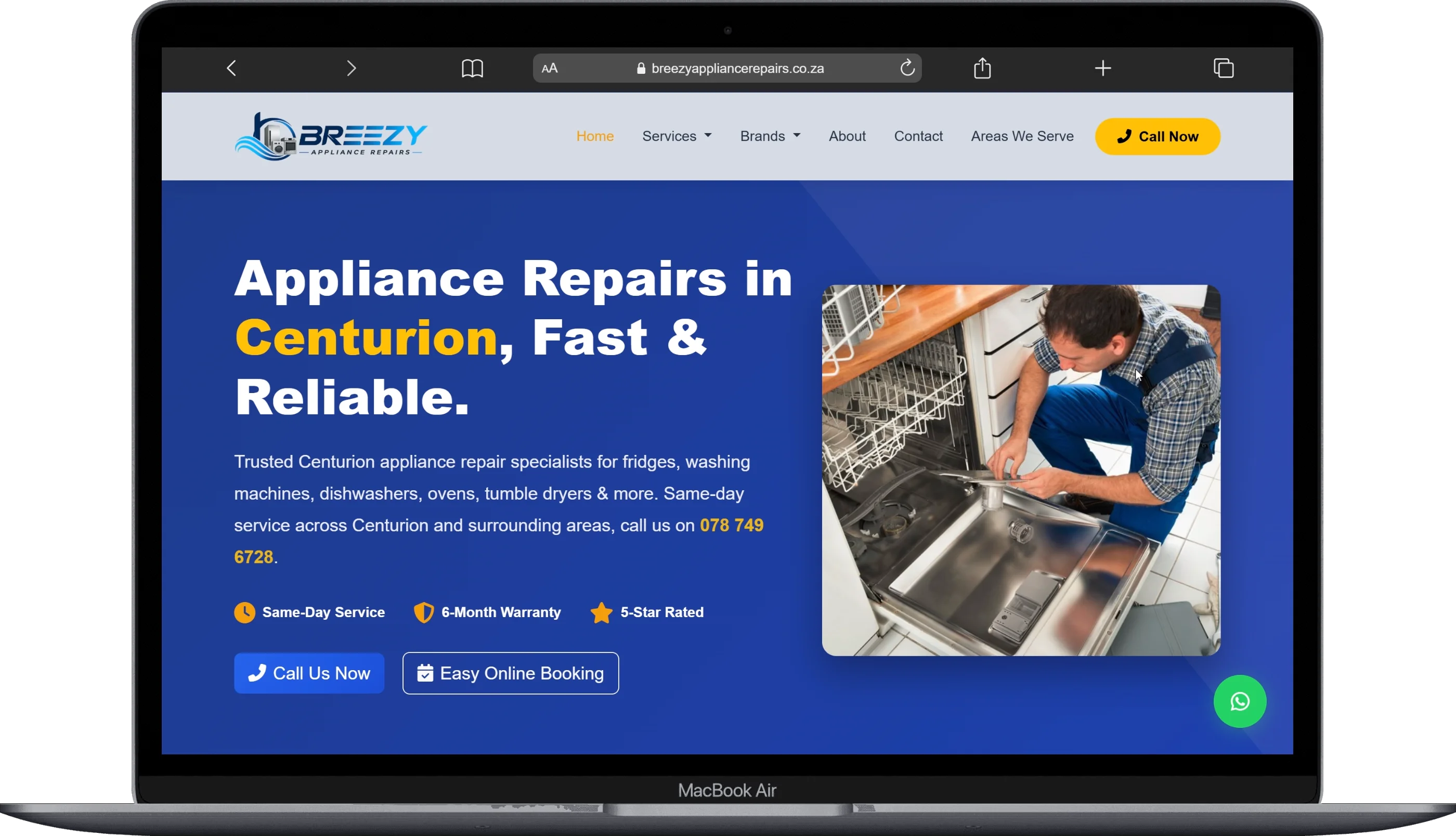Breezy Appliance Repairs website shown on a laptop