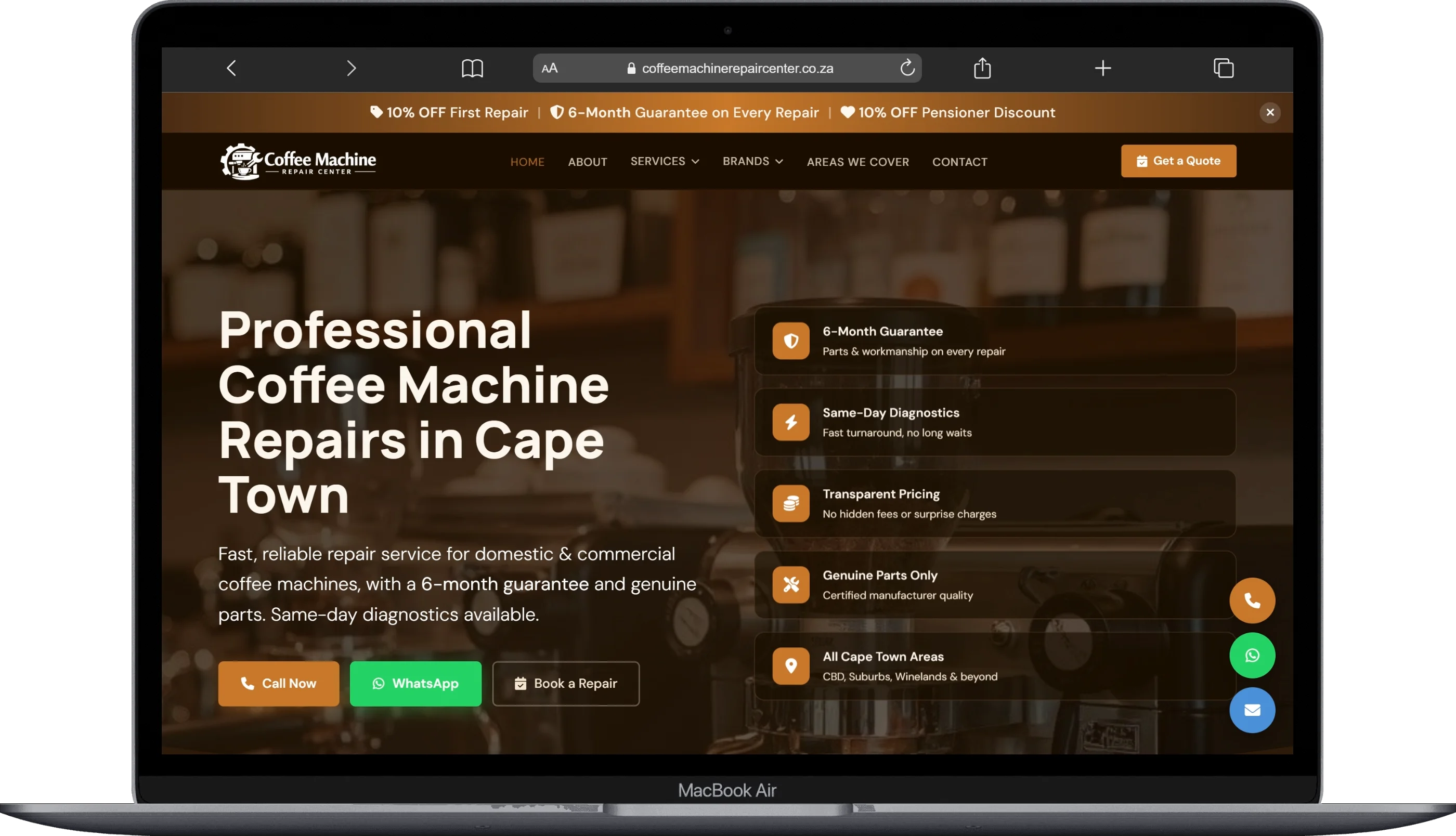 Coffee Machine Repair Center website shown on a laptop