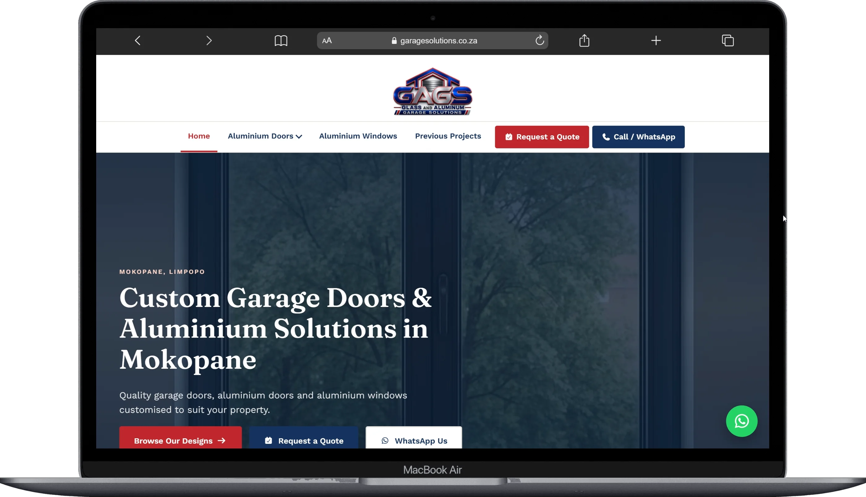 Glass and Aluminium Garage Solutions (GAGS) website shown on a laptop