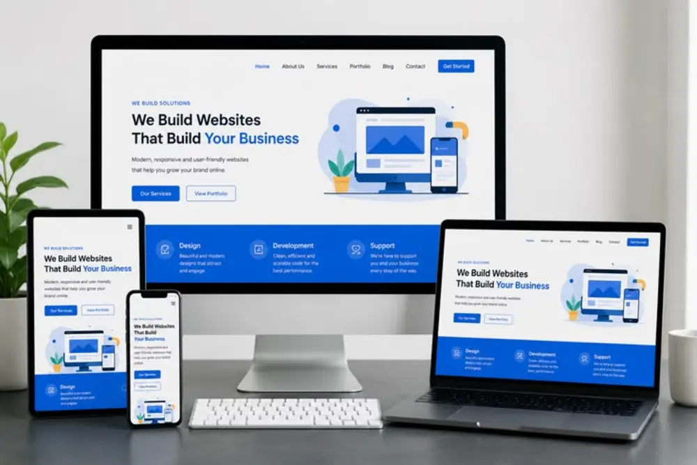 A business website shown on a laptop, a tablet and a phone