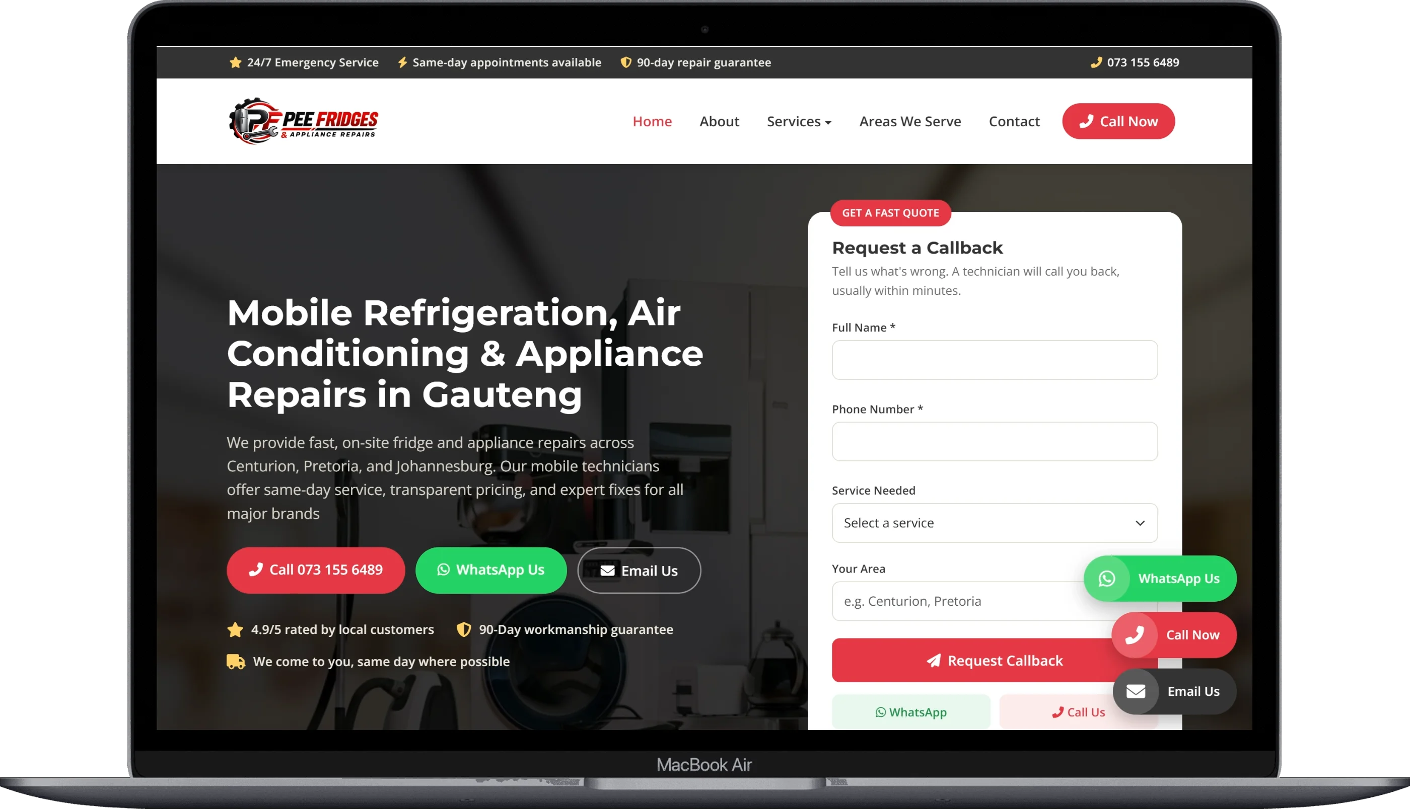 Pee Fridges & Appliance Repairs website shown on a laptop